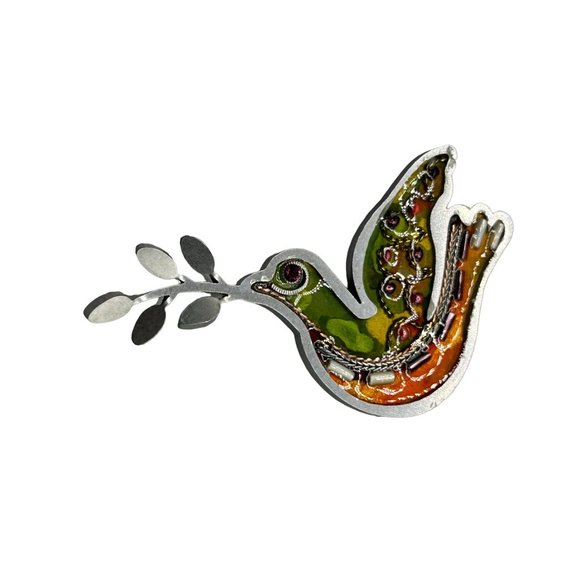Handcrafted Dove of Peace Pin Bird Brooch Poured Resin and Beads Aluminum Frame - Picture 1 of 7